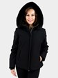 Woman's Black Fabric Ski Jacket with Fox Hood