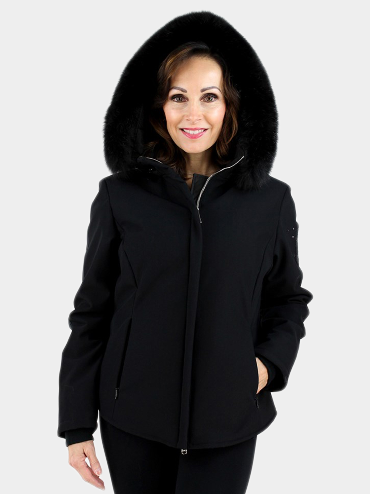 Women's Fabric Jacket w/ Fox Fur Hood (Black) | Estate Furs