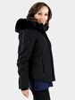 Woman's Black Fabric Ski Jacket with Fox Hood