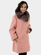 Women's Coral Pink Wool Fabric Stroller with Detachable Fox Fur Collar