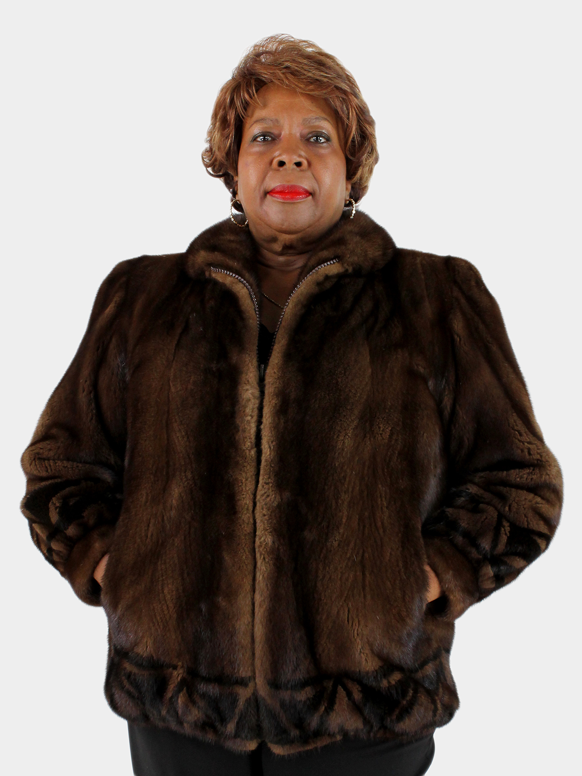 Woman's Demi Buff Mink Fur Jacket with Dark Mahogany Mink Inserts