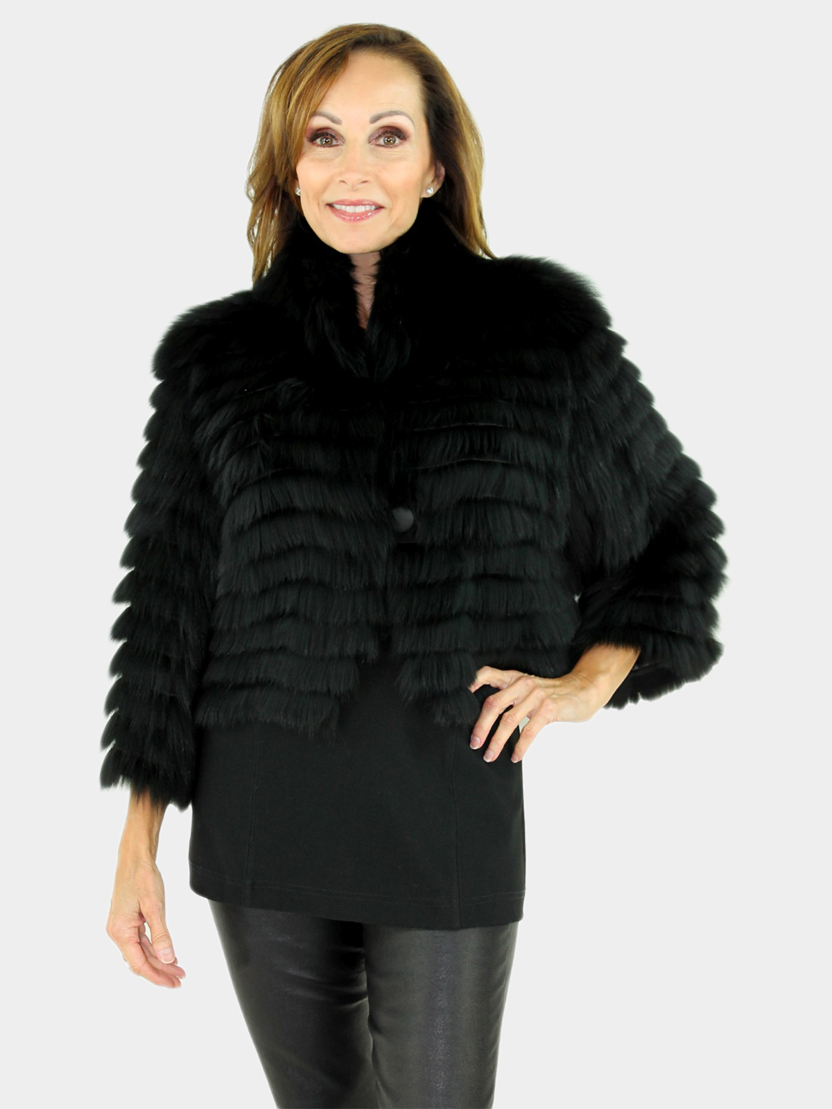 Woman's Black Feathered Fox Fur Bolero Jacket