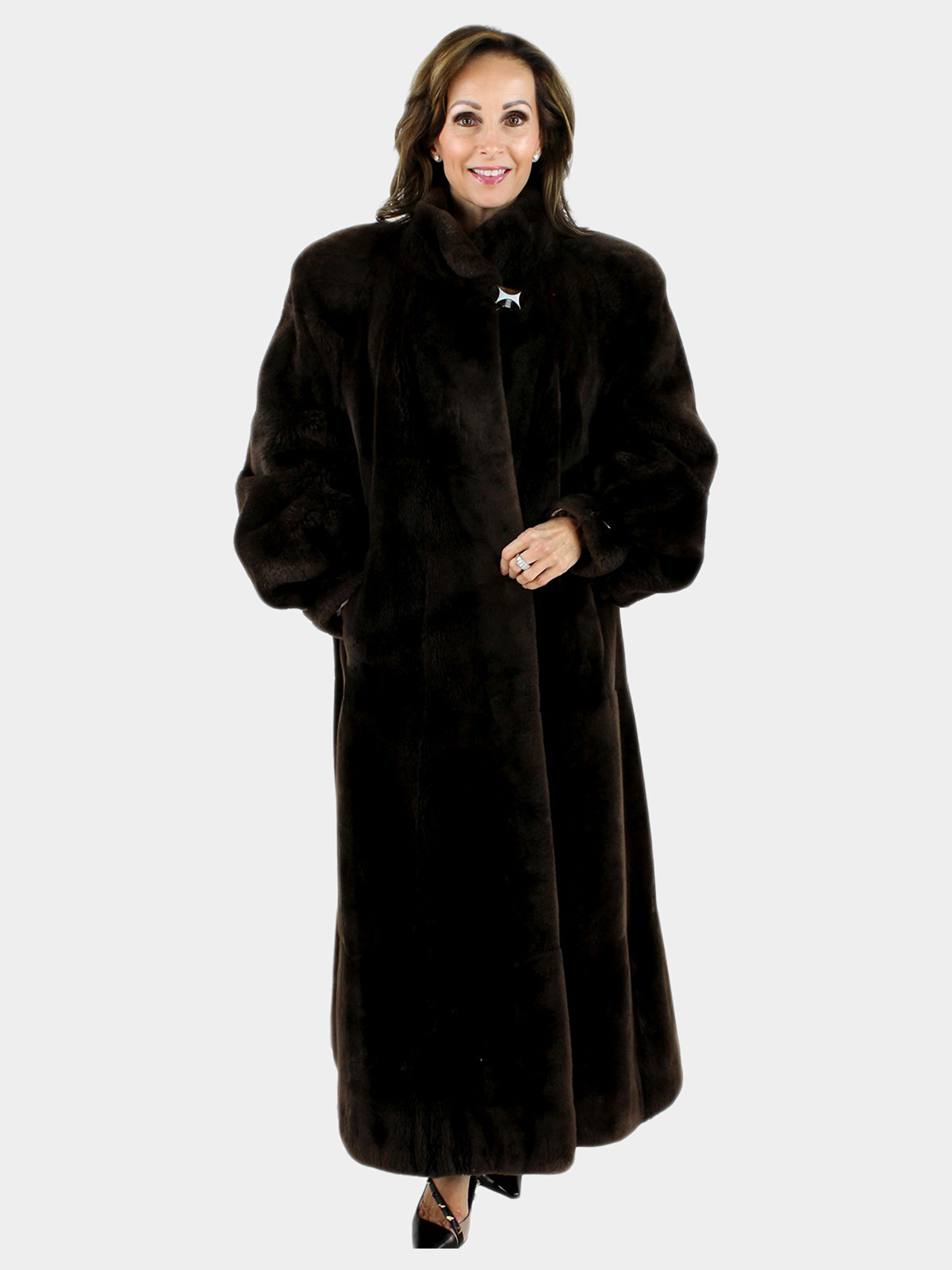 Dark Chocolate Brown Sheared Beaver Coat with Raglan Sleeves