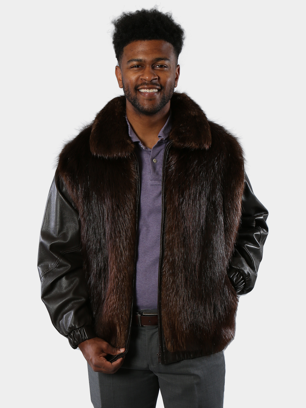 Man's Medium Tone Long Hair Beaver Fur Jacket with Zip Out Leather Sleeves