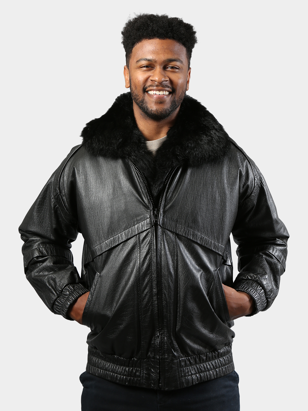 Men's Black Leather Bomber Jacket Fur Liner - Estate Furs