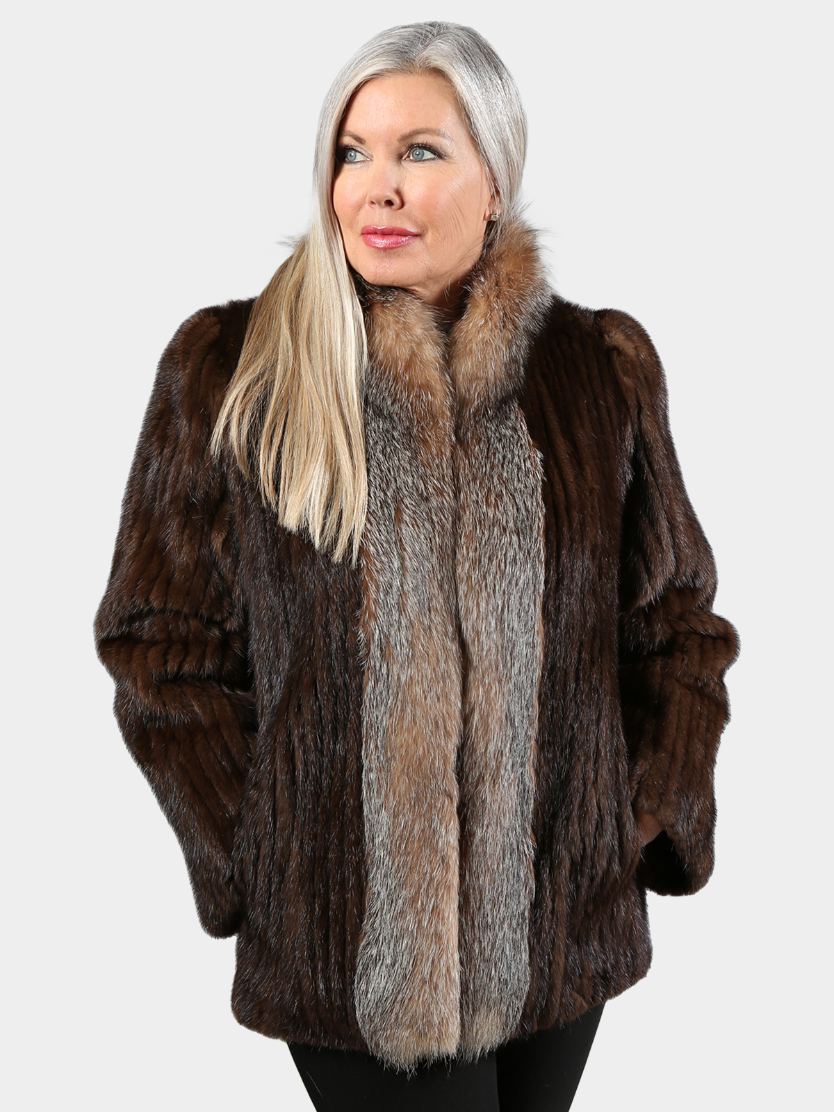 Woman's Mahogany Cord Cut Mink Jacket with Crystal Fox Tuxedo