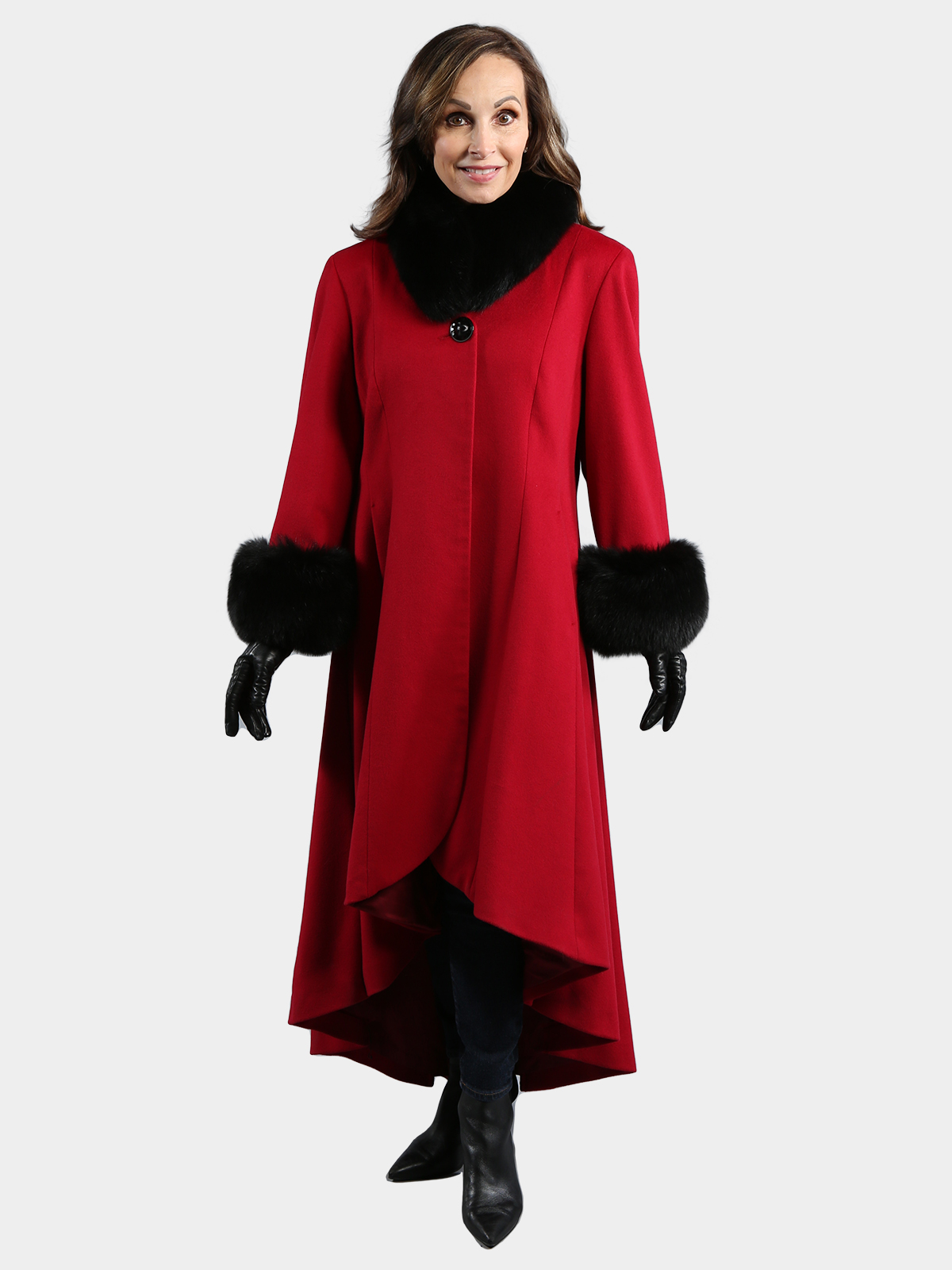 Woman's Red Loro Piana Superfine Wool Coat with Black Fox Fur Trim