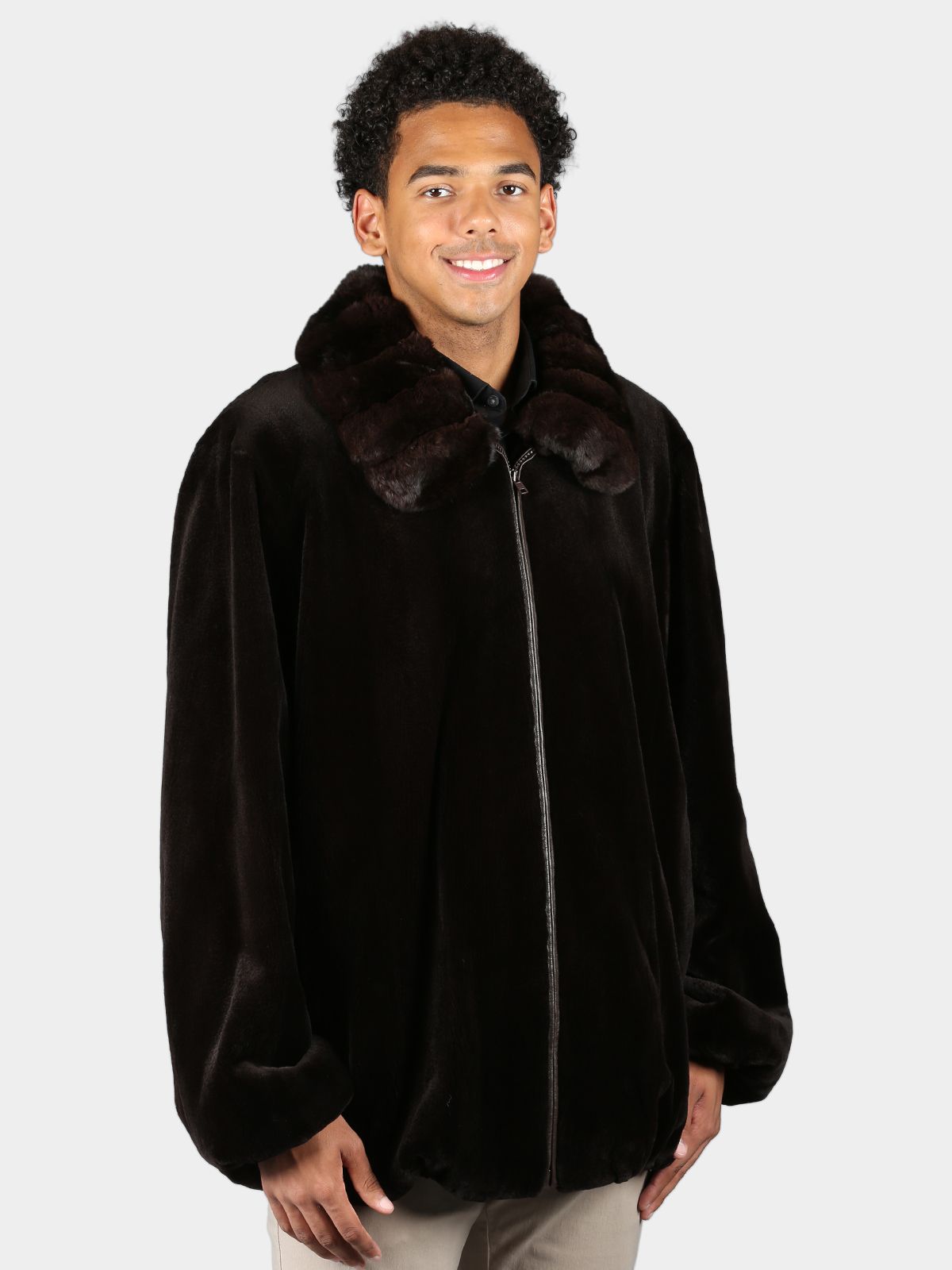 Man's Plus Size Dyed  Dark Brown Sheared Mink Fur Jacket with Chinchilla Collar