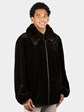 Man's Plus Size Dyed  Dark Brown Sheared Mink Fur Jacket with Chinchilla Collar