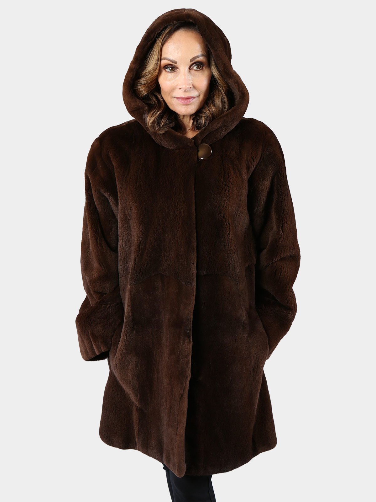 Woman's Brown Sheared Mink Fur Hooded Stroller