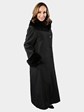 Woman's Black Rain Taffeta Coat with Black Rex Rabbit Fur Collar, Cuffs, and Lining
