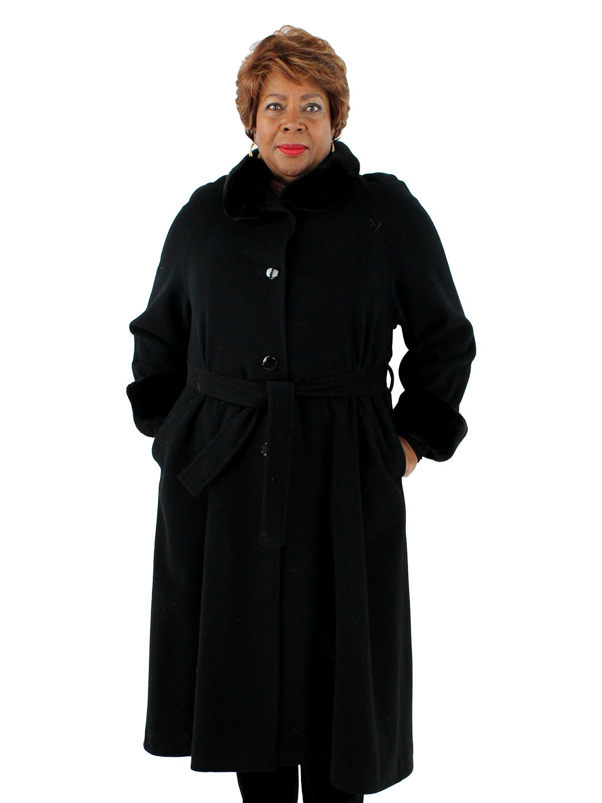 Woman's Black Wool Coat with Sheared Nutria Collar and Cuffs