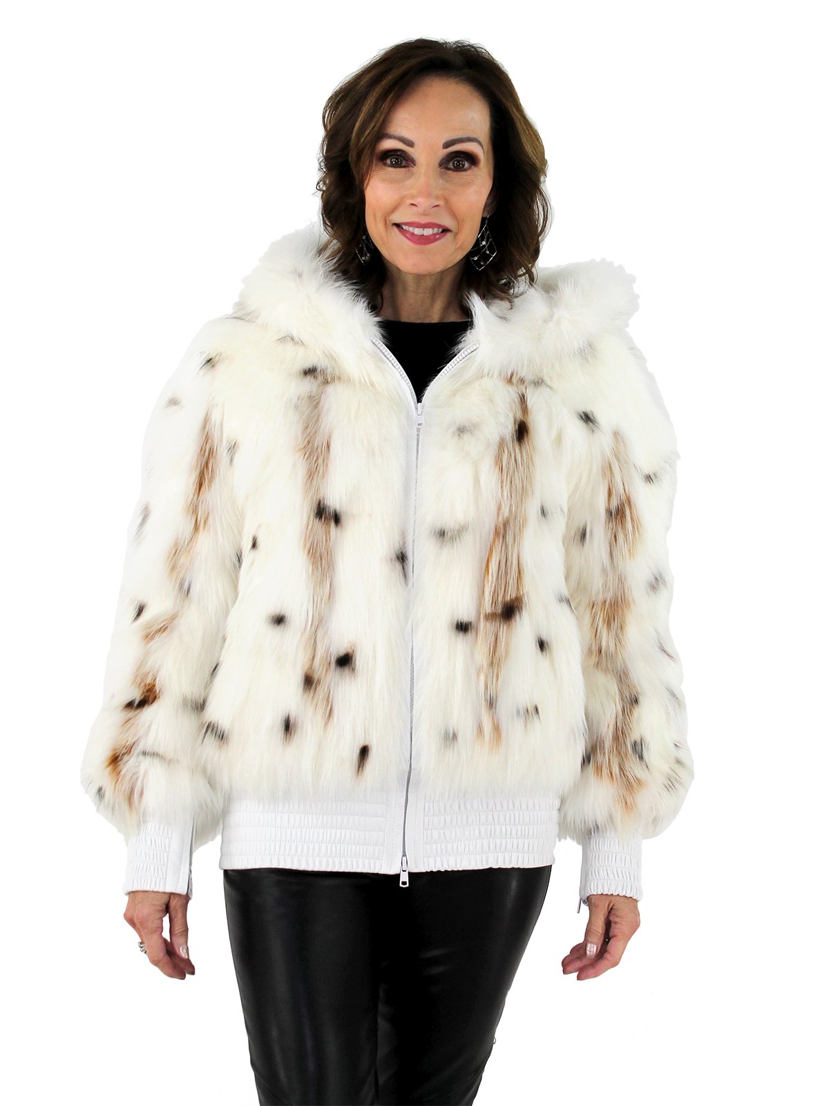 Woman's White Spotted Fox Fur Zipper Parka with White Velvet Lined Hood