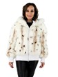 Woman's White Spotted Fox Fur Zipper Parka with White Velvet Lined Hood