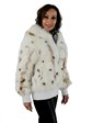 Woman's White Spotted Fox Fur Zipper Parka with White Velvet Lined Hood