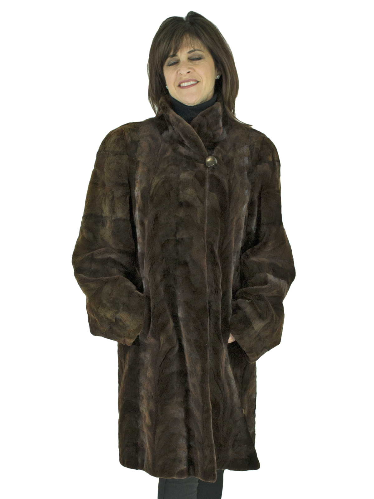 Woman's Brown Semi-Sheared Sculptured Mink Fur 3/4 Coat