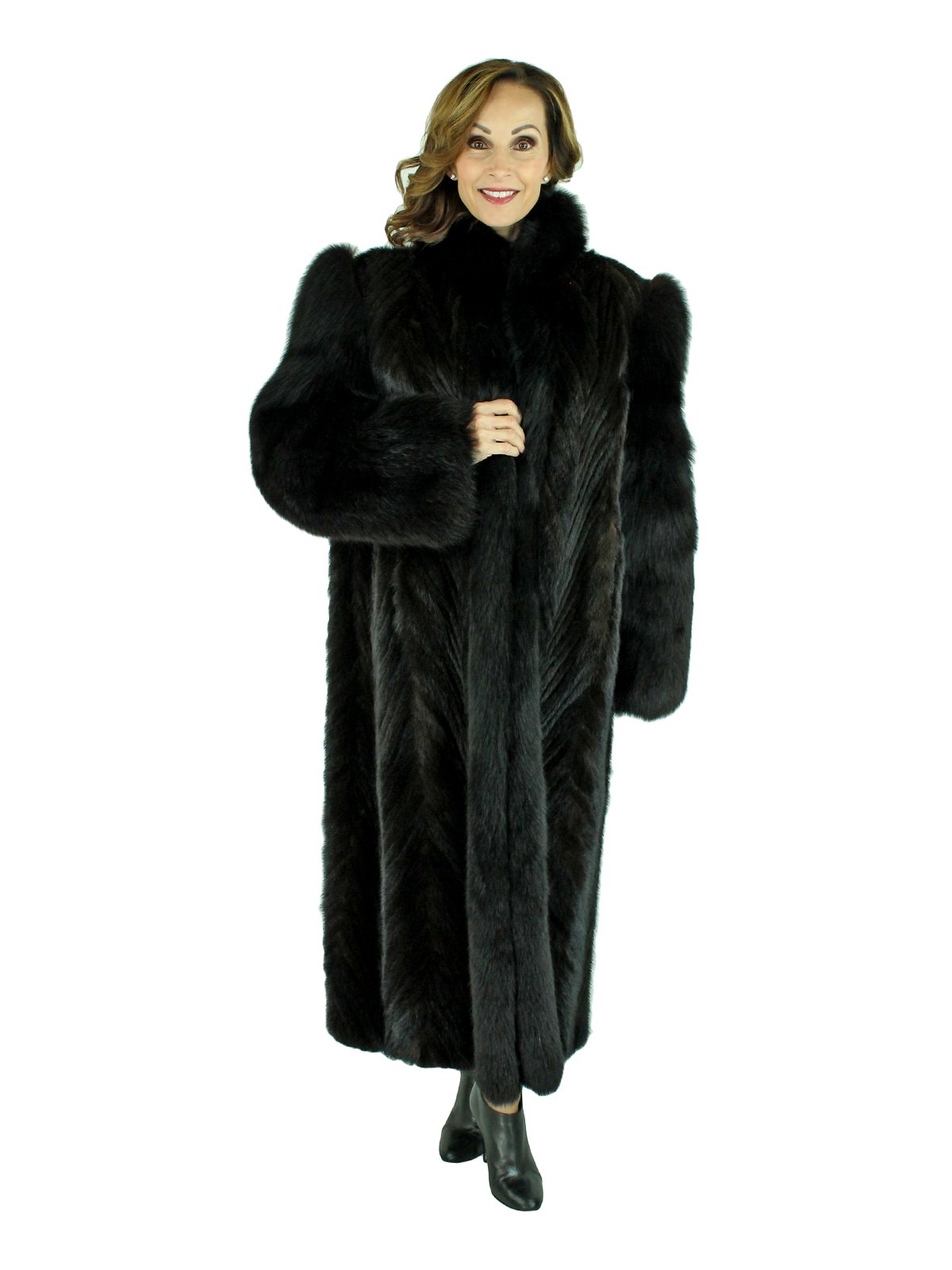 Woman's Ranch Mink Tail Fur Coat with Fox Tuxedo Front and Sleeves