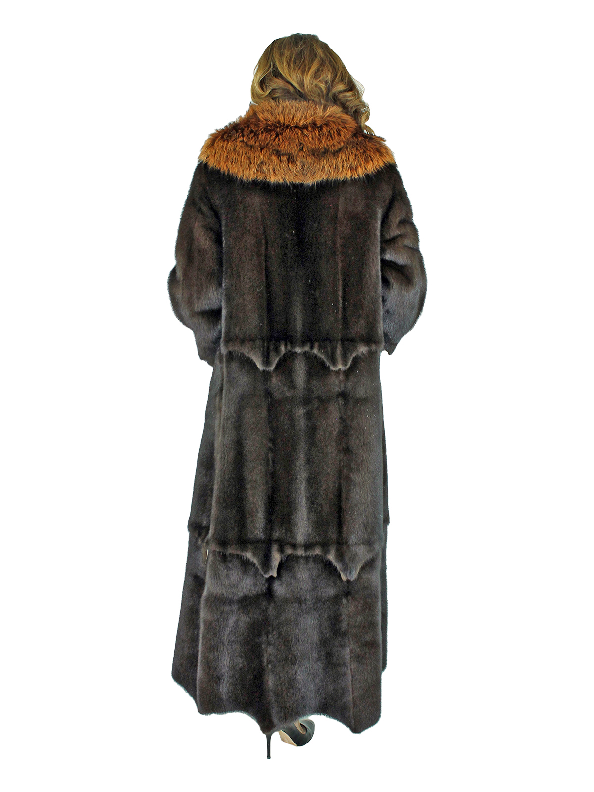 Mahogany Female Mink Fur Coat with Large Fox Collar - Women's Fur Coat ...