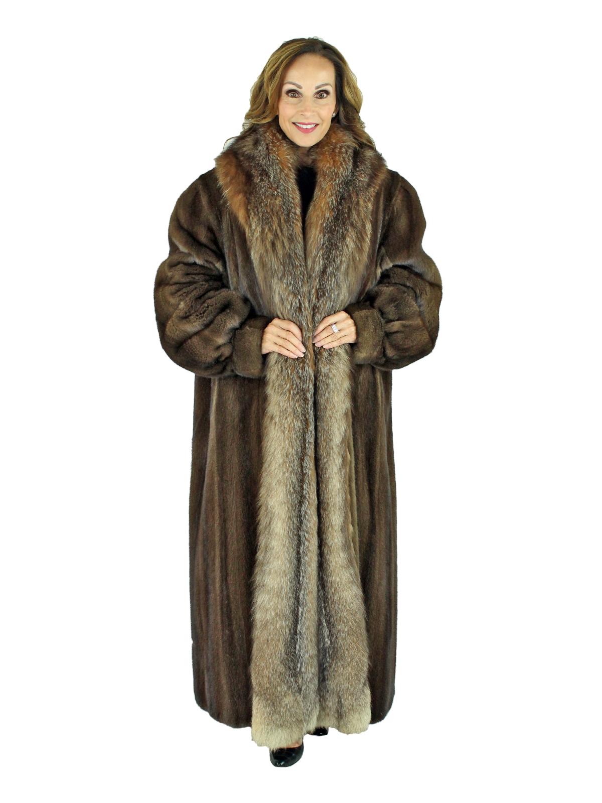 Mahogany Mink Fur Coat with Crystal Fox Tuxedo Front - Women's Fur Coat ...