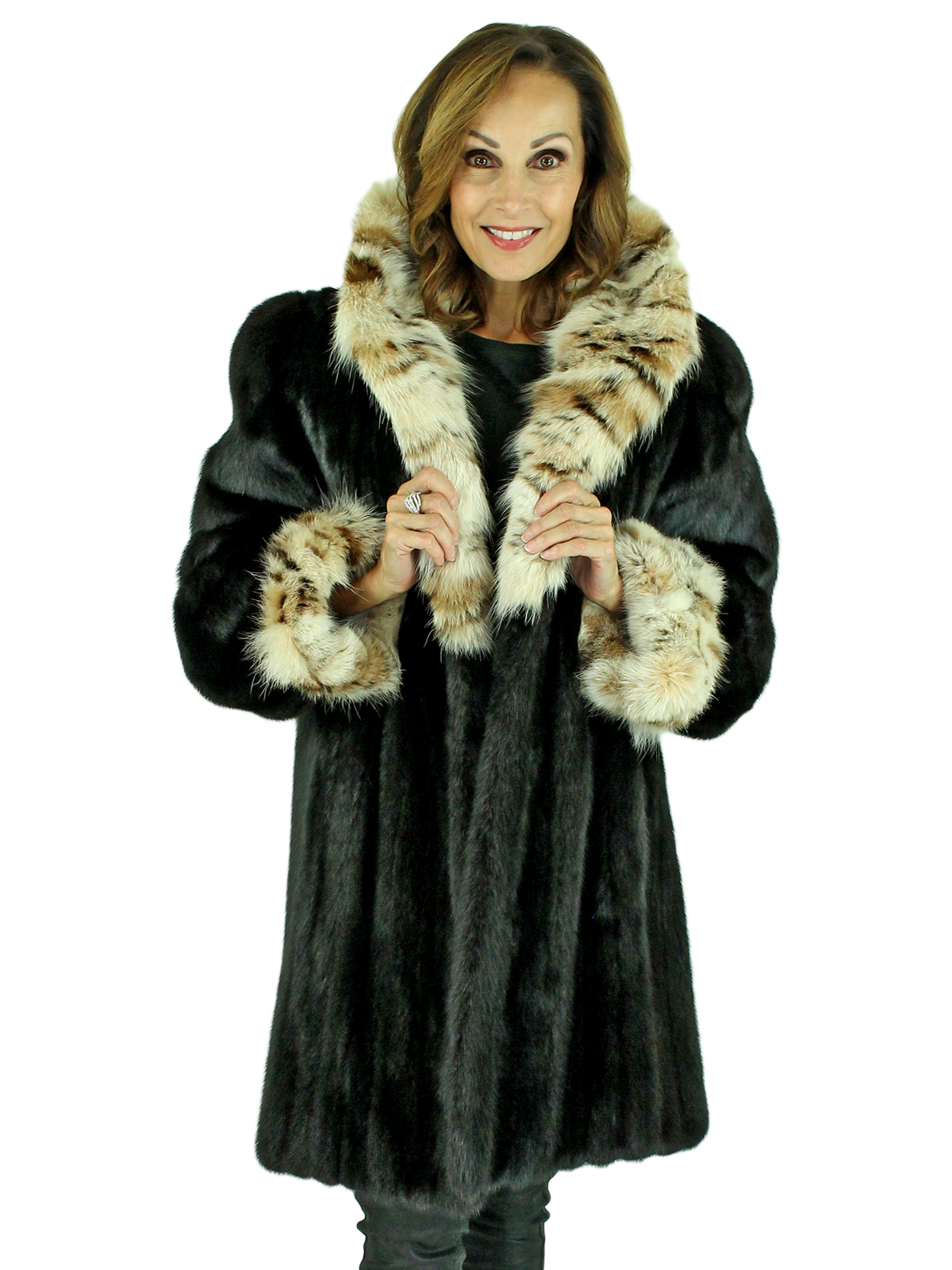 Woman's Ranch Female Mink Fur Stroller with Cat Lynx Collar and Cuffs