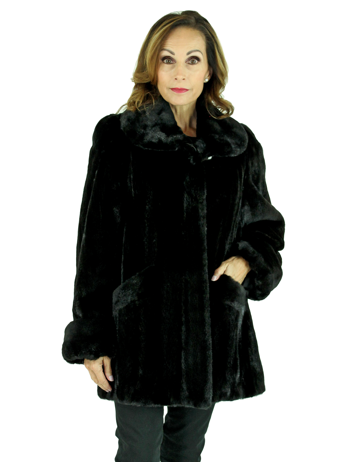 Black Semi-Sheared Mink Fur Jacket - Women's Mink Fur Jacket - Medium