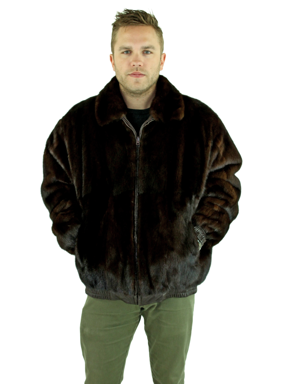 Dark Mahogany Mink Fur Bomber Jacket Reversing to Brown Leather - Men's ...