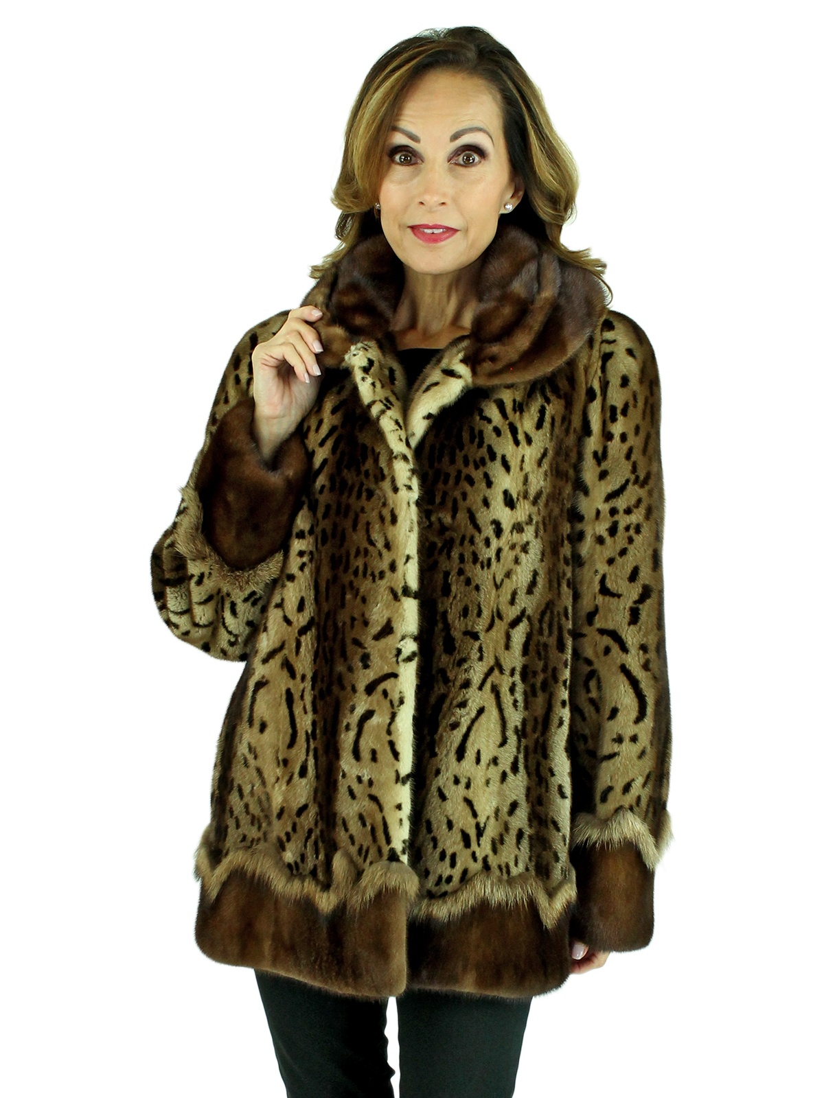 Woman's Animal Print Female Mink Fur Jacket with Sable Trim