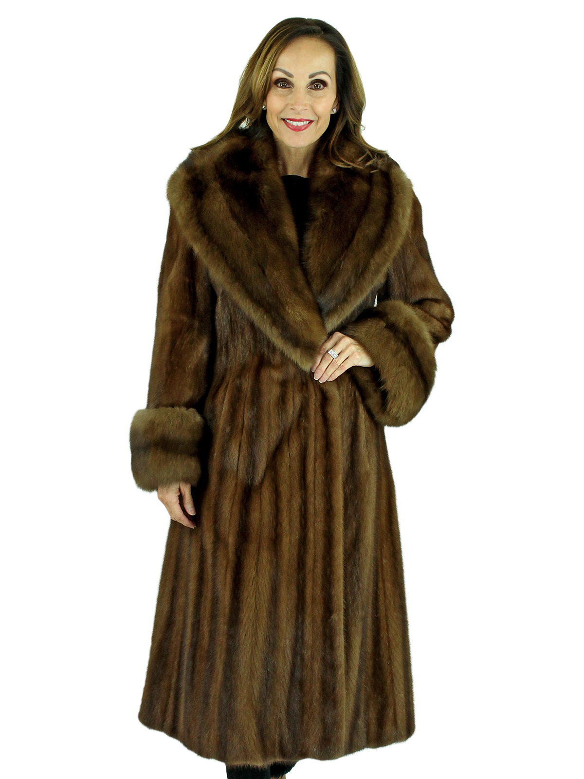 Woman's Demi Buff Female Mink Fur Coat with Stone Marten Collar and Cuffs