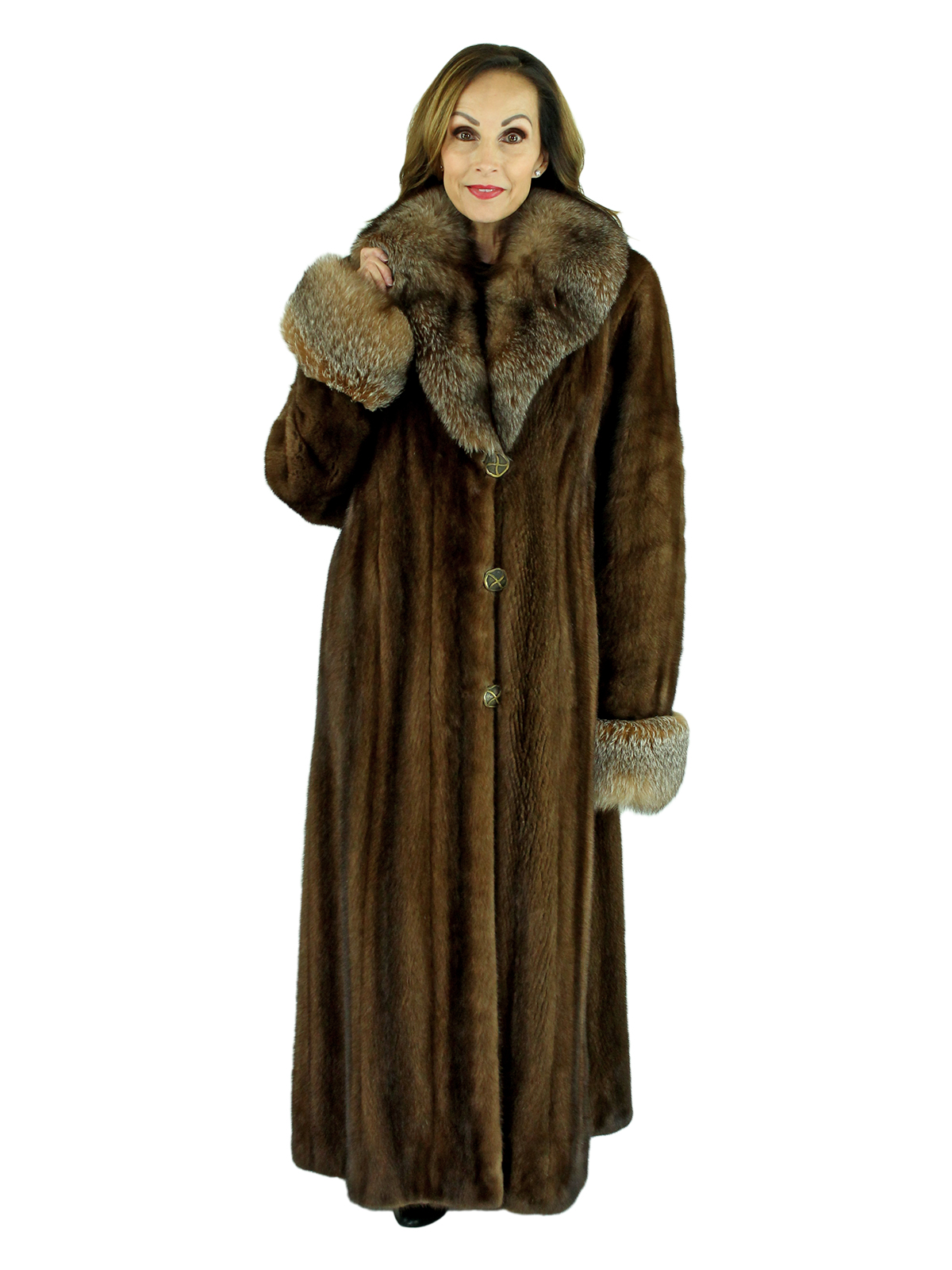 Woman's Demi Buff Mink Fur Coat with Crystal Fox Collar and Cuffs