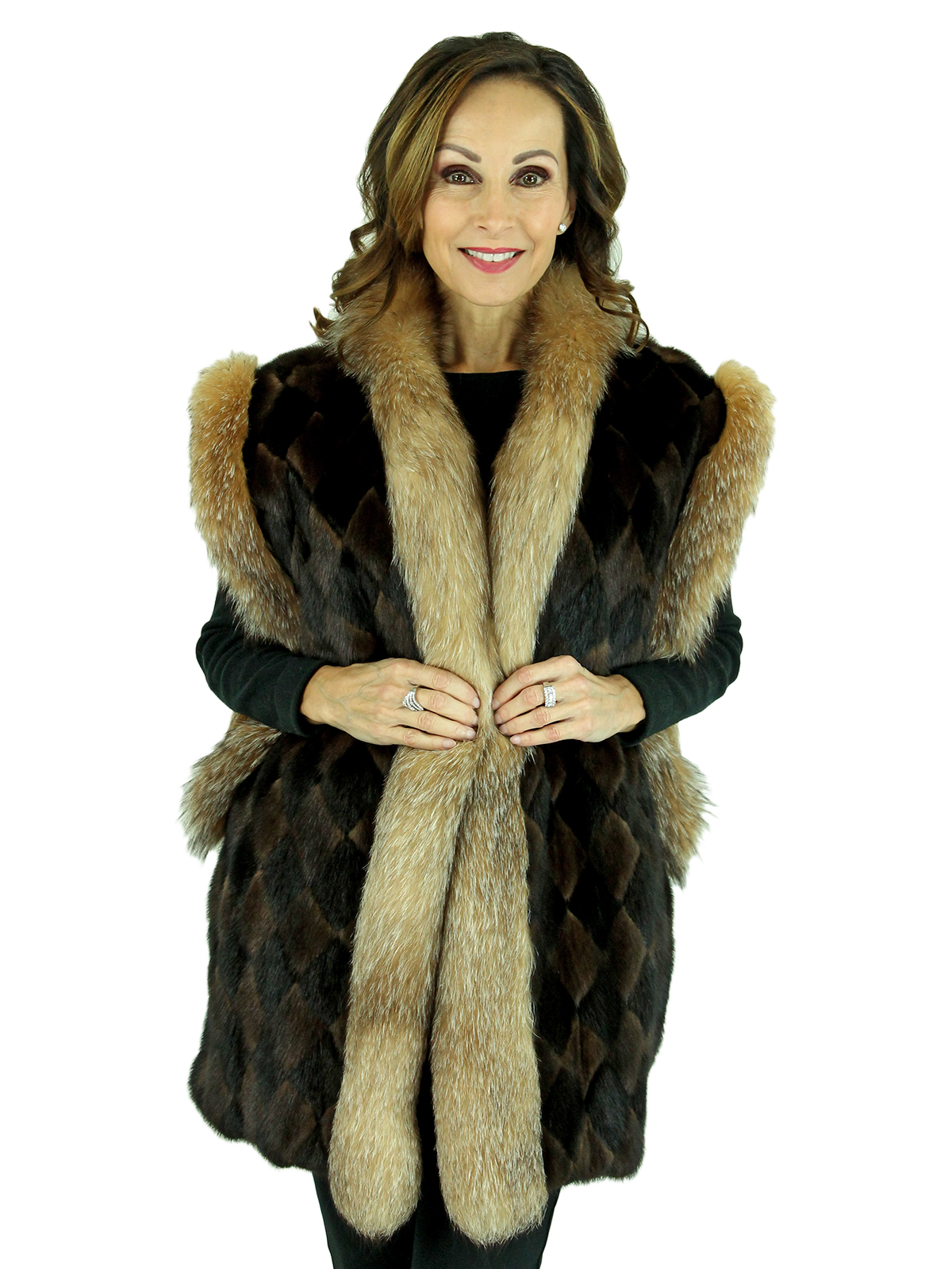 Woman's Two Tone Diamond Pattern Mink Fur Vest with Crystal Fox Trim