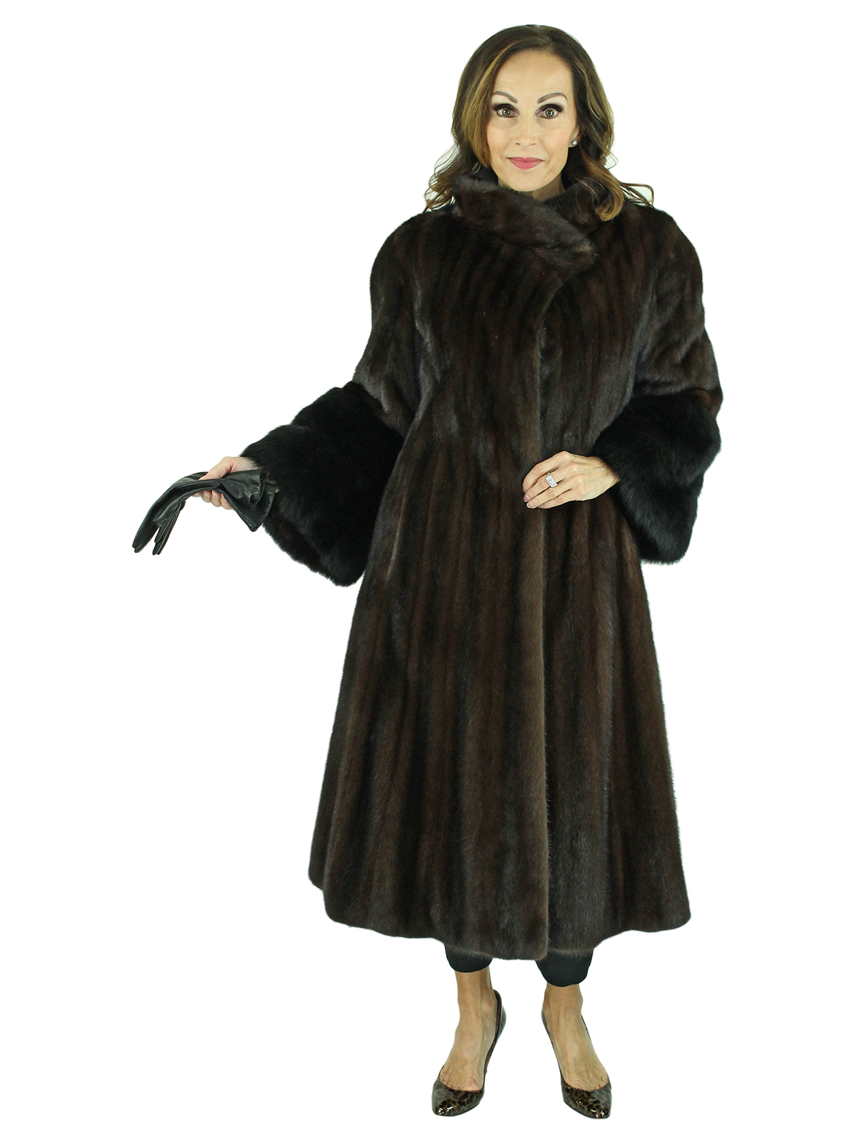 Woman's Mahogany Female Mink Fur Coat with Dyed Sable Cuffs