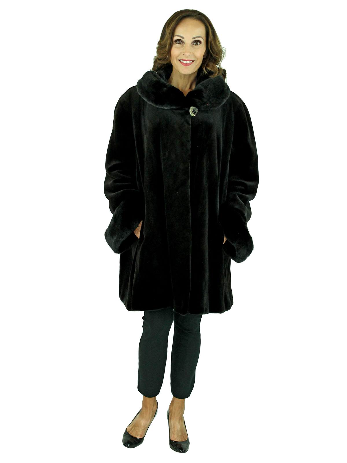 Woman's Plus Size Black Sheared Mink Fur Swing Stroller