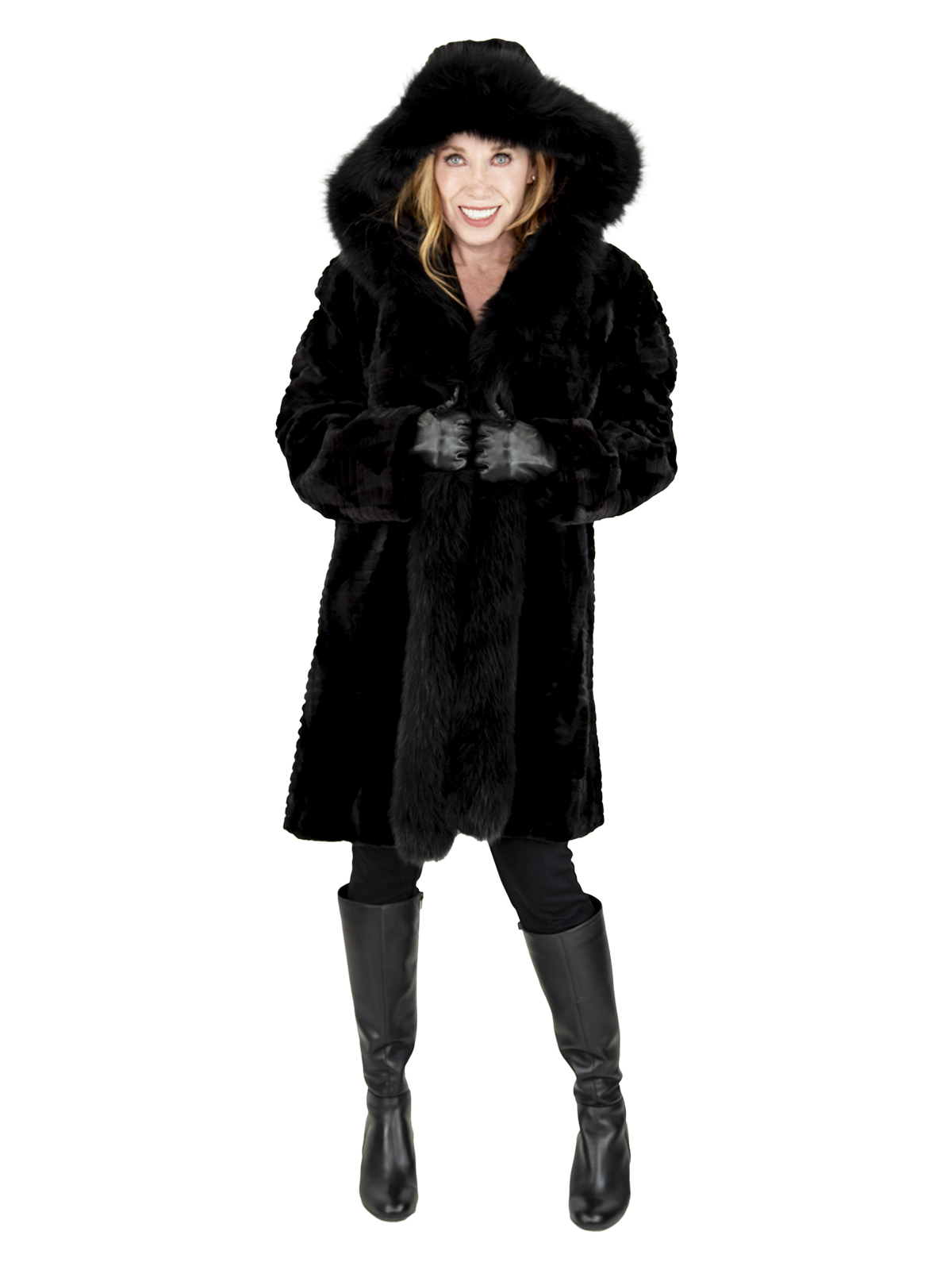 Woman's Black Sheared and Grooved Mink Fur Stroller with Fox Tuxedo Front, Reverses to Rain Fabric