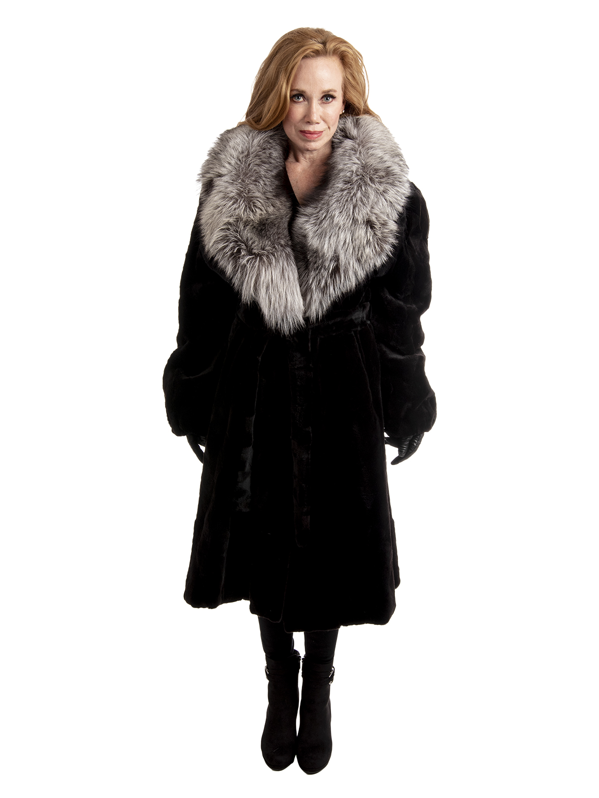 Woman's Ranch Sheared Mink 7/8 Coat with Natural Silver Fox Collar