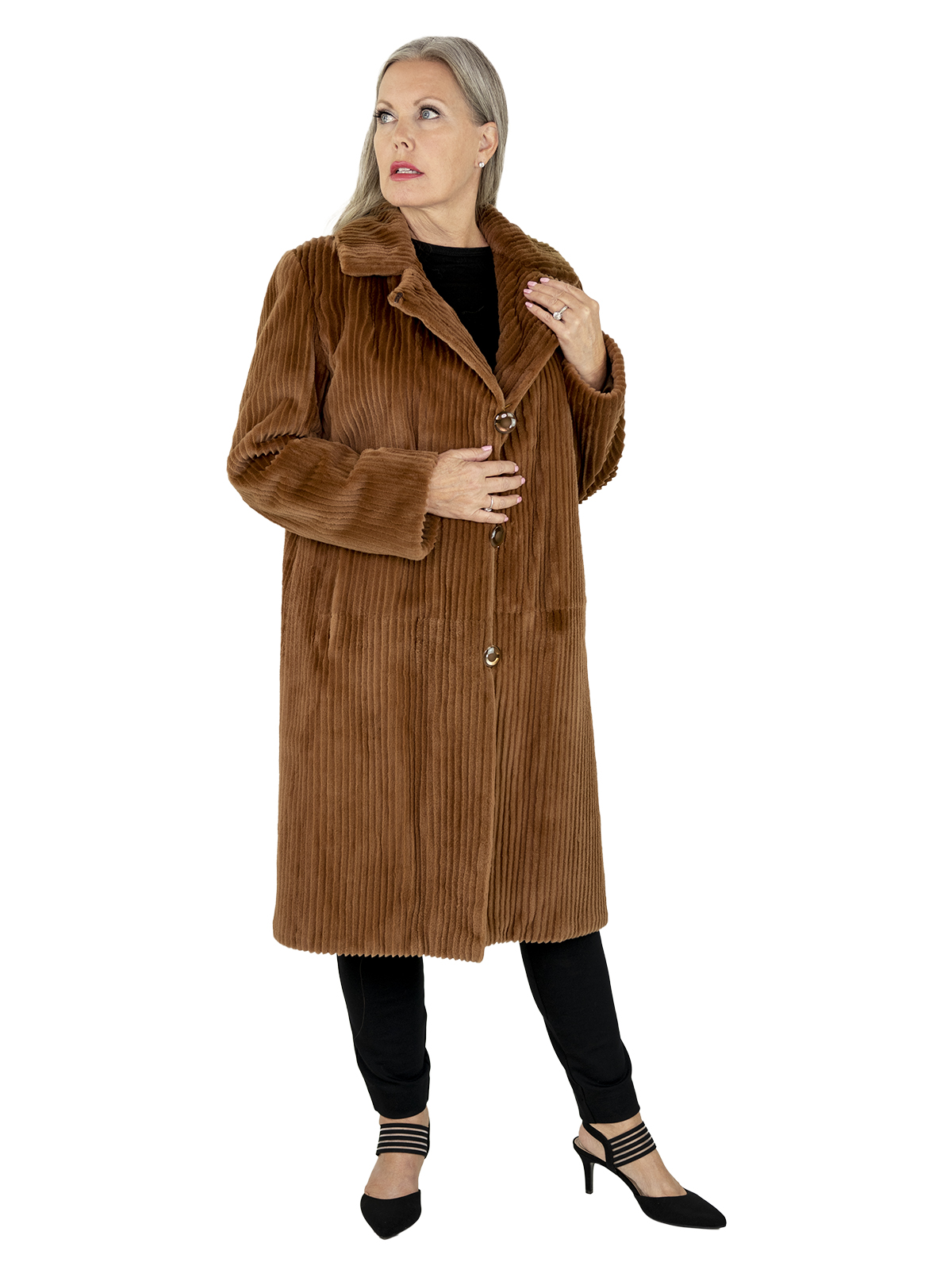 Woman's Whiskey Sheared and Grooved Mink Fur 7/8 Coat Reversible to Rain Fabric