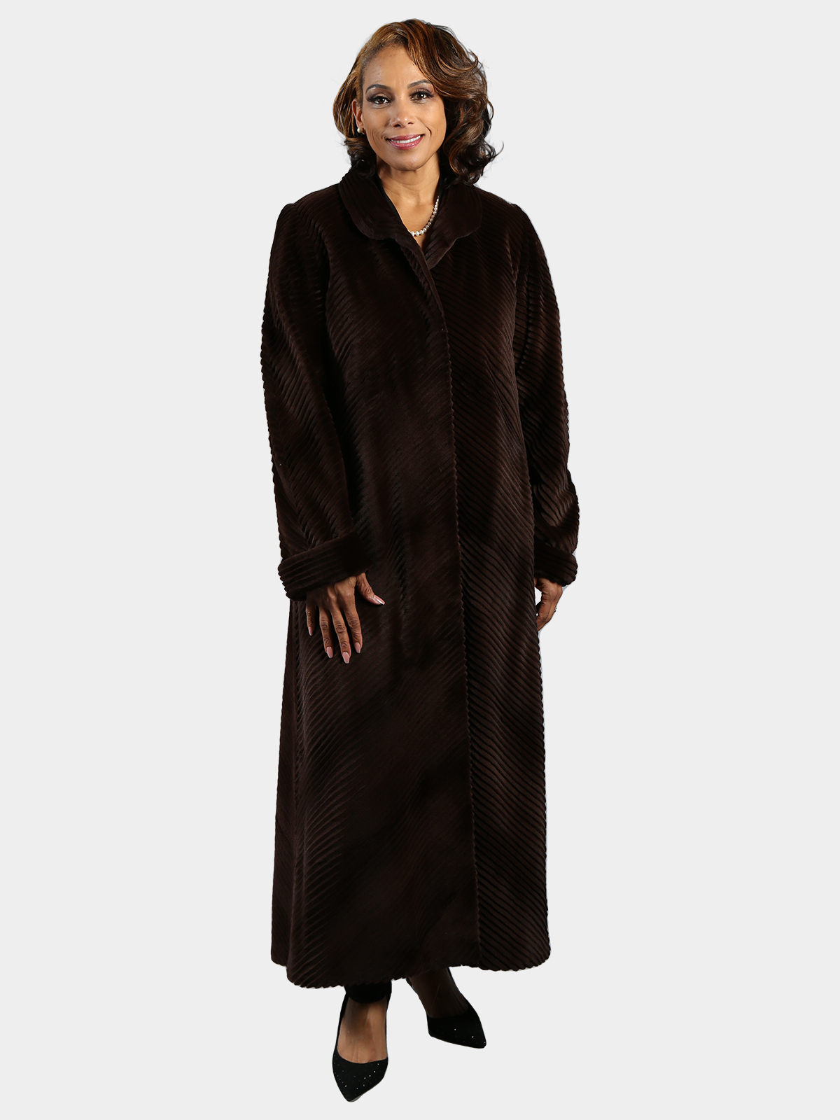 Woman's Brown Sheared Mink Fur Coat with Laser Grooving