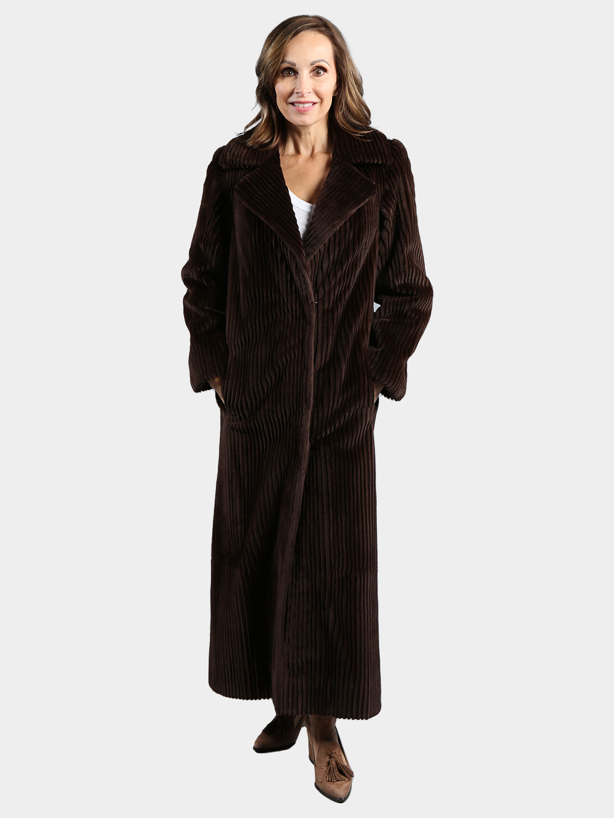 Woman's Dark Brown Sheared Mink Fur Coat with Vertical Grooving