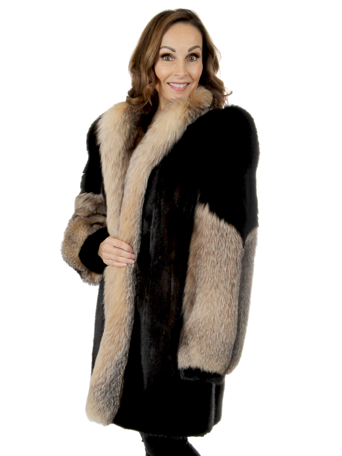 Woman's Mahogany Mink Fur Stroller With Crystal Fox Tuxedo Front And Sleeves