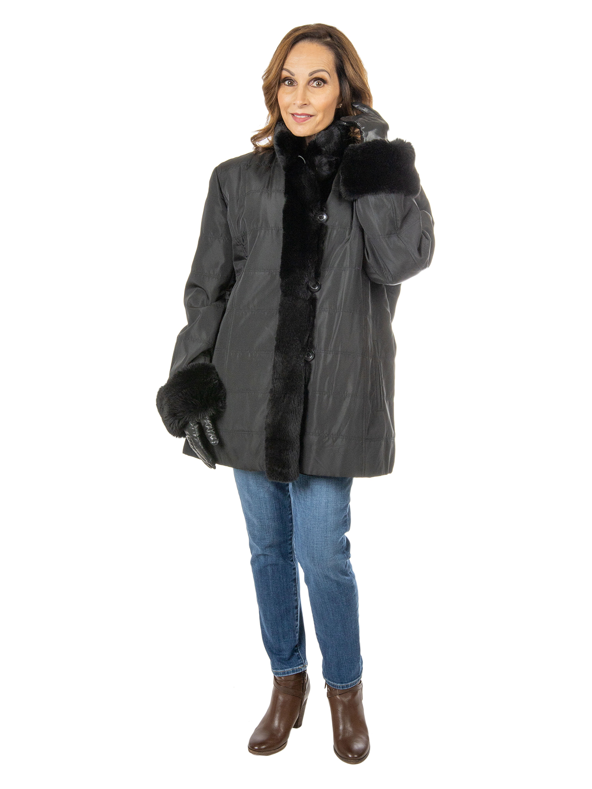 Women's Black Quilted Cloth Jacket with Zipout Rex Rabbit Liner