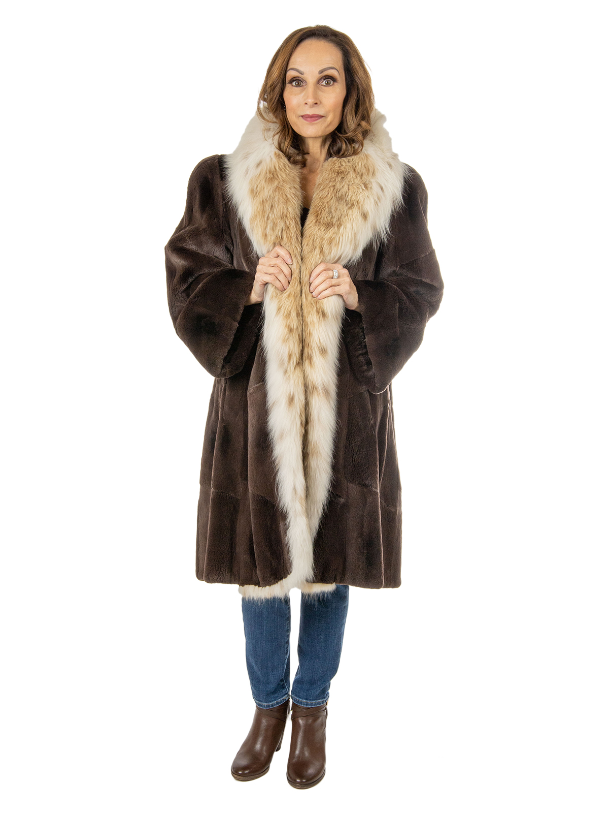 Natural Sheared Muskrat 3/4 Fur Coat with Canadian Lynx Trim - XXL ...