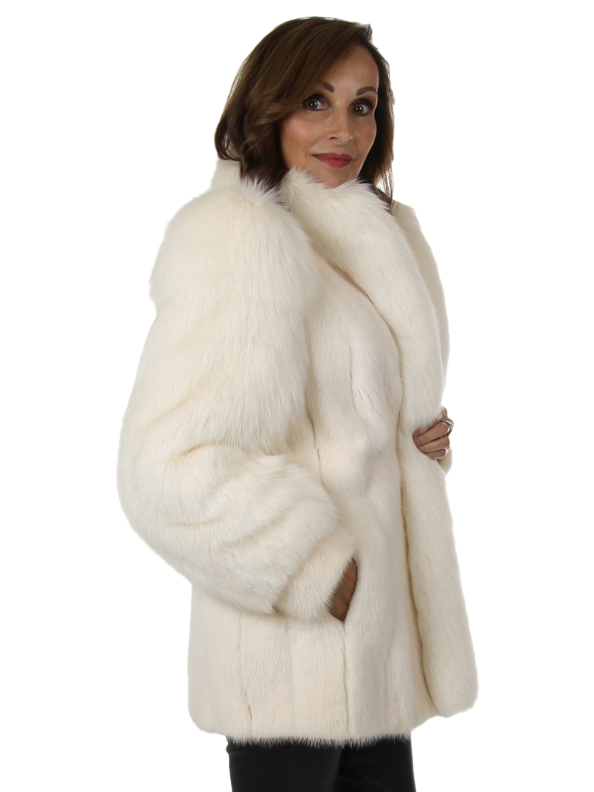White Mink Fur Jacket with Shadow Fox Sleeves and Tuxedo Front - Small ...