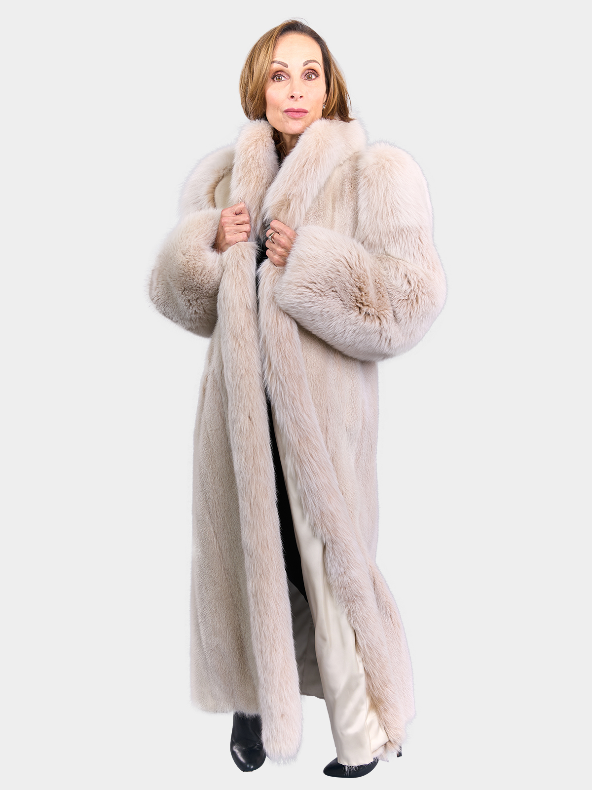 Woman's Blush Mink Fur Coat with Fox Sleeves and Tuxedo Front