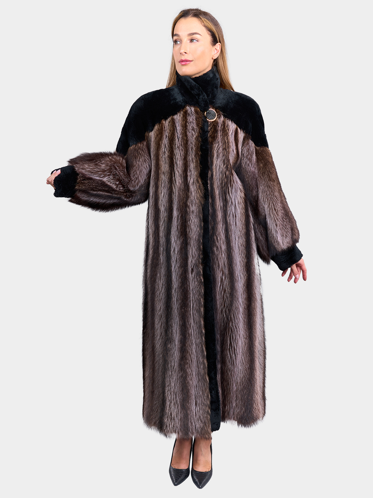 Woman's Raccoon Fur Coat with Sheared Beaver Trim