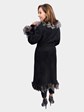 Woman's Olivieri Black Suede Shearling Lamb Fur Coat with Silver Fox Trim