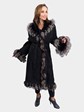 Woman's Olivieri Black Suede Shearling Lamb Fur Coat with Silver Fox Trim