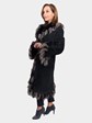 Woman's Olivieri Black Suede Shearling Lamb Fur Coat with Silver Fox Trim