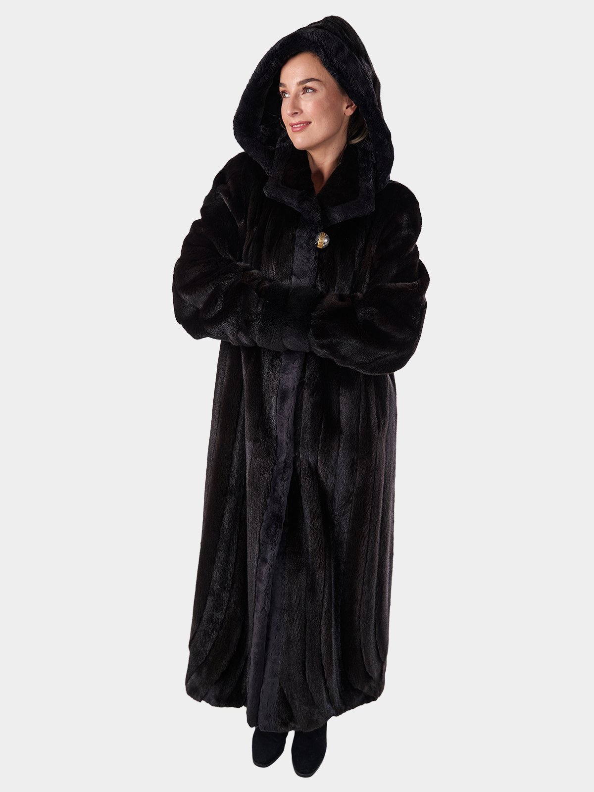 Woman's Ranch Mink Fur Coat with Sheared Beaver Trim and Detachable Hood