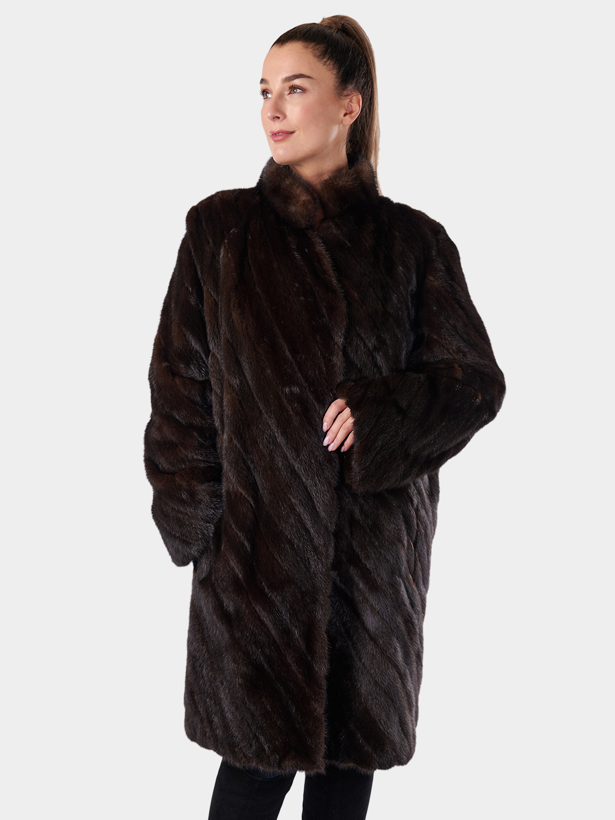 Woman's Dark Mahogany Mink Fur Diagonal Cut 3/4 Coat