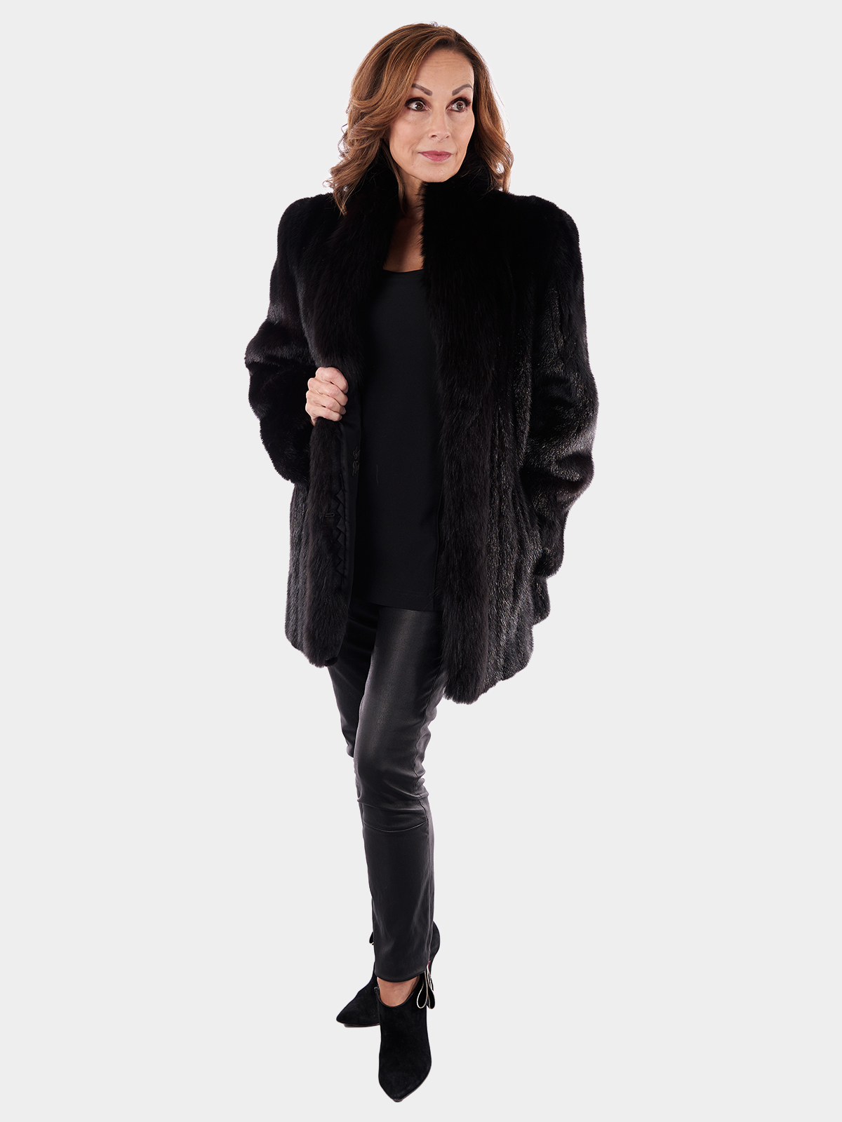 Black Mink Fur Jacket w/ Black Fox Collar and Front | Estate Furs