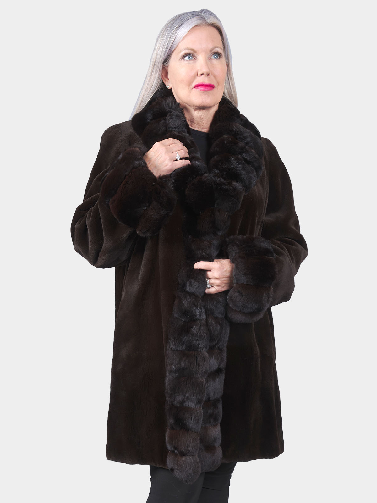 Woman's Brown Sheared Mink Fur Stroller with Chinchilla Trim